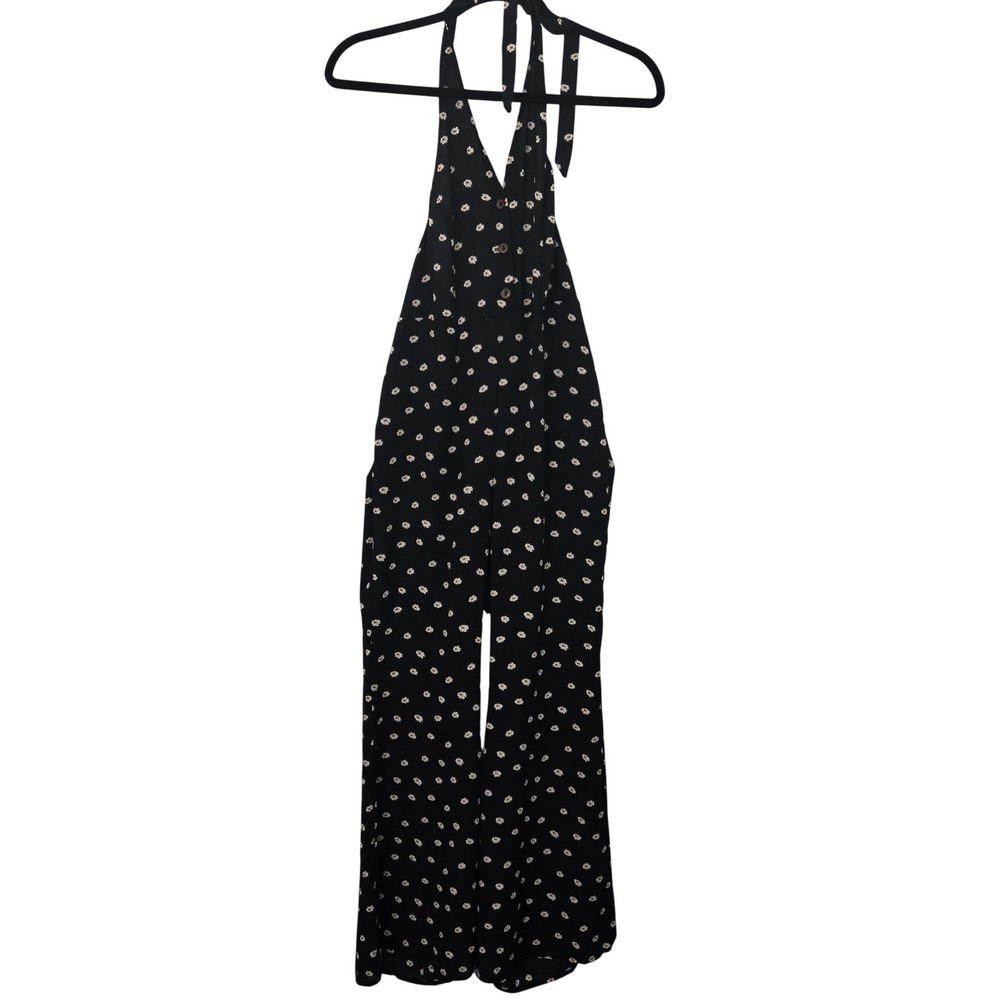 Olivaceous Womens Jumpsuit Small Black Daisy Floral Halter Wide‎ Leg Flare Zip